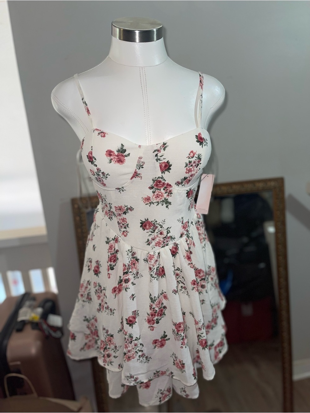 Inspired Hearts Ivory Floral Camisole Dress with Pink Roses
